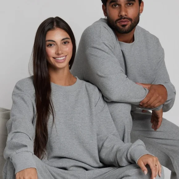 🤑PRICE FIRM🥰 NIP!❤️ COMFRT WAFFLE LOUNGE CREW LONG SLEEVE TOP Light Gray M - Picture 4 of 6